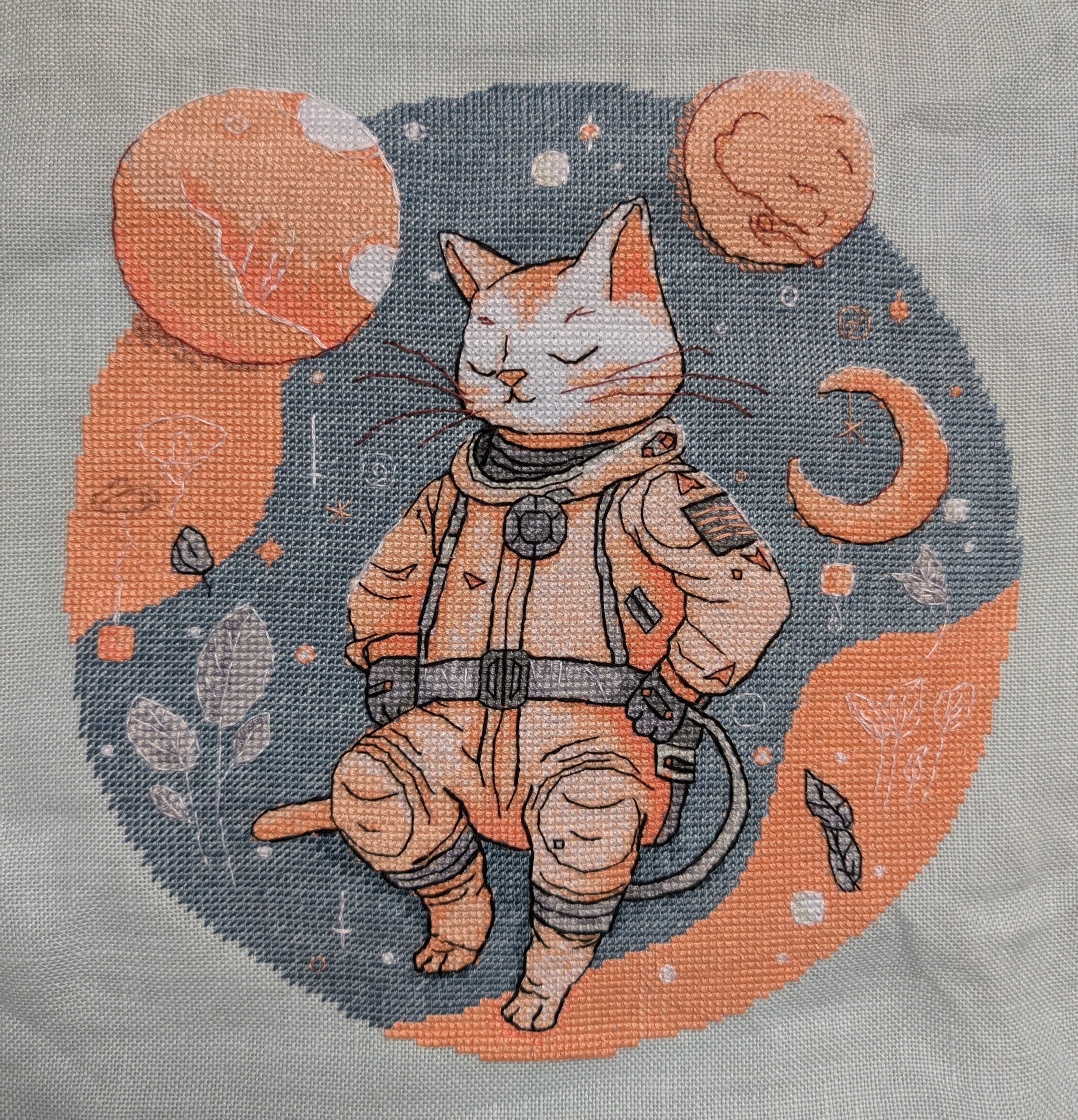 Completed cross stitch of space cat astronaut