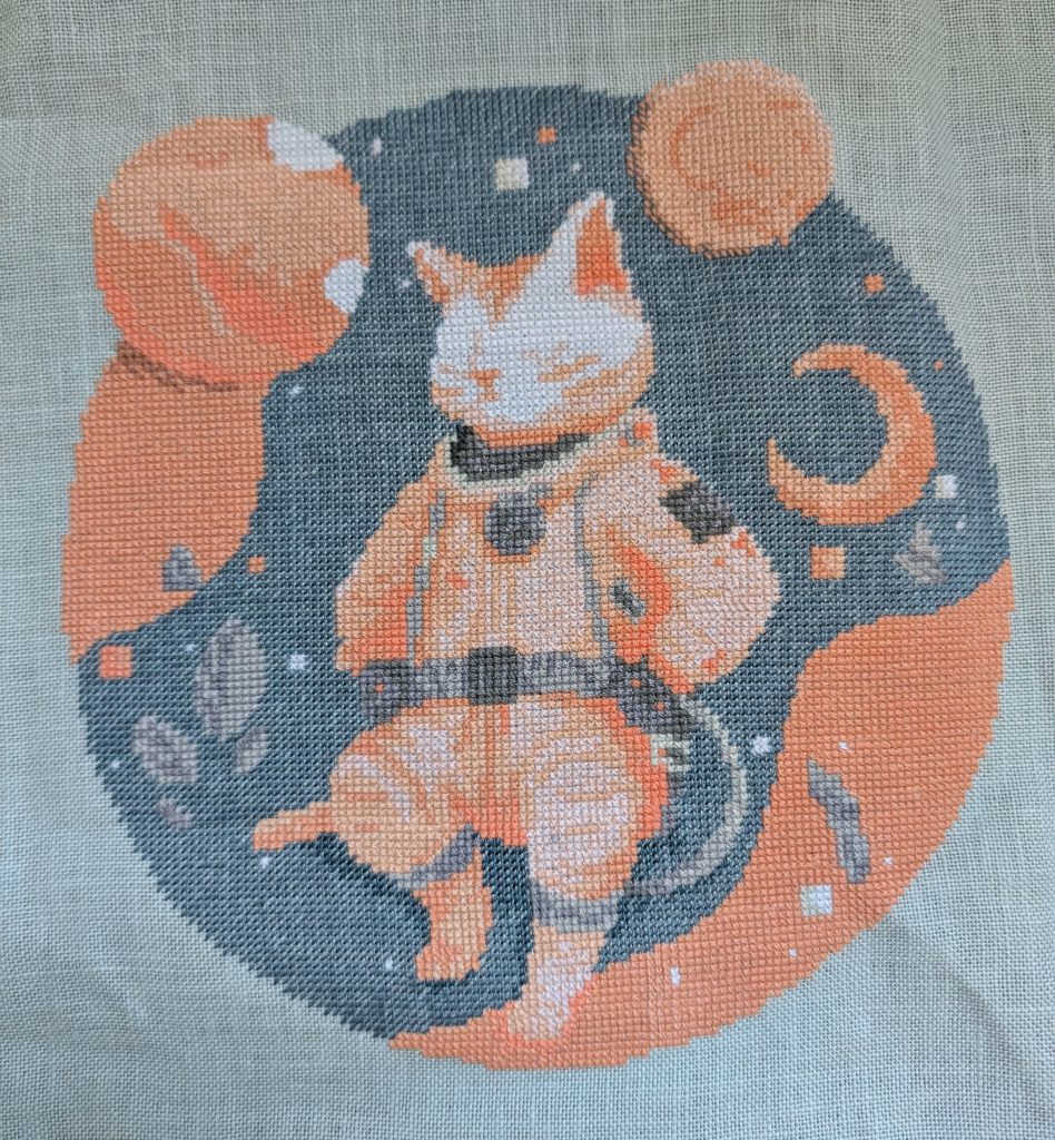 Cross stitch of space cat astronaut without backstitch